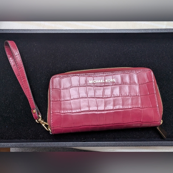 Michael Kors Handbags - Michael Kors Croc-Embossed Wristlet Wallet - Mulberry